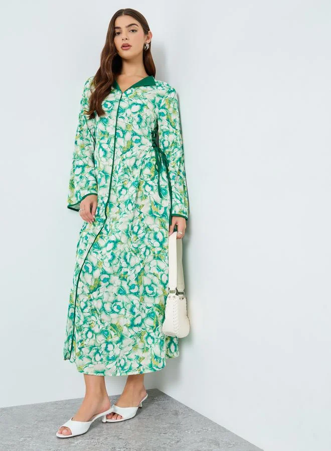 Take Two All-Over Printed V Neck Split Long Sleeve Maxi Dress
