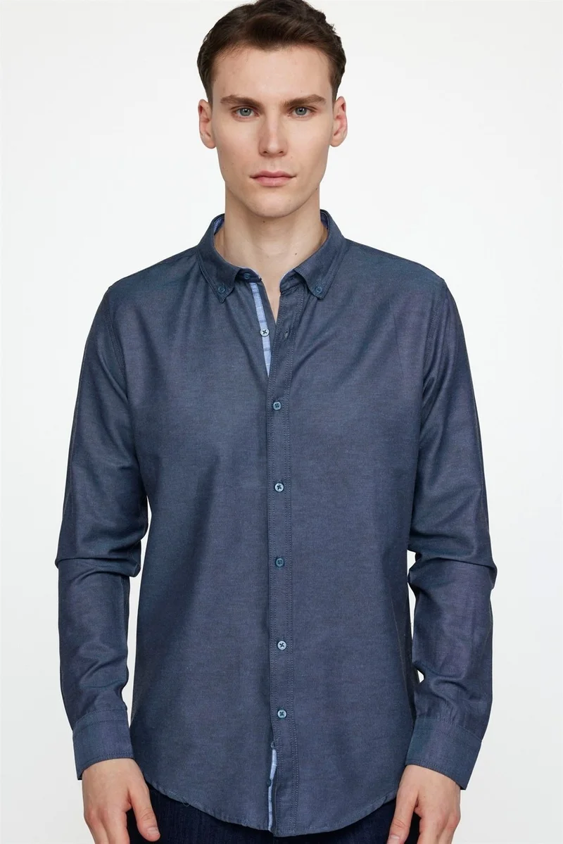 تودورس Slim Fit Cotton Easy-Iron Plain Men's Navy Blue Shirt