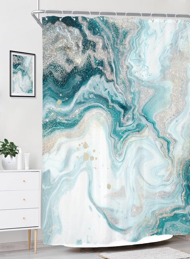Riyidecor Teal Aqua Marble Shower Curtain Abstract Turquoise Ombre Ink Printed Luxury Texture Aesthetic Art Printed Fabric Polyester Waterproof 12 Pack Plastic Hooks for Bathroom Decor 72Wx72H - Image 2