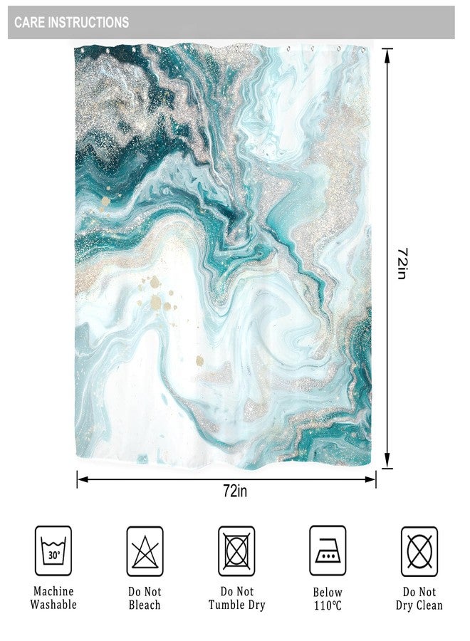 Riyidecor Teal Aqua Marble Shower Curtain Abstract Turquoise Ombre Ink Printed Luxury Texture Aesthetic Art Printed Fabric Polyester Waterproof 12 Pack Plastic Hooks for Bathroom Decor 72Wx72H - Image 4