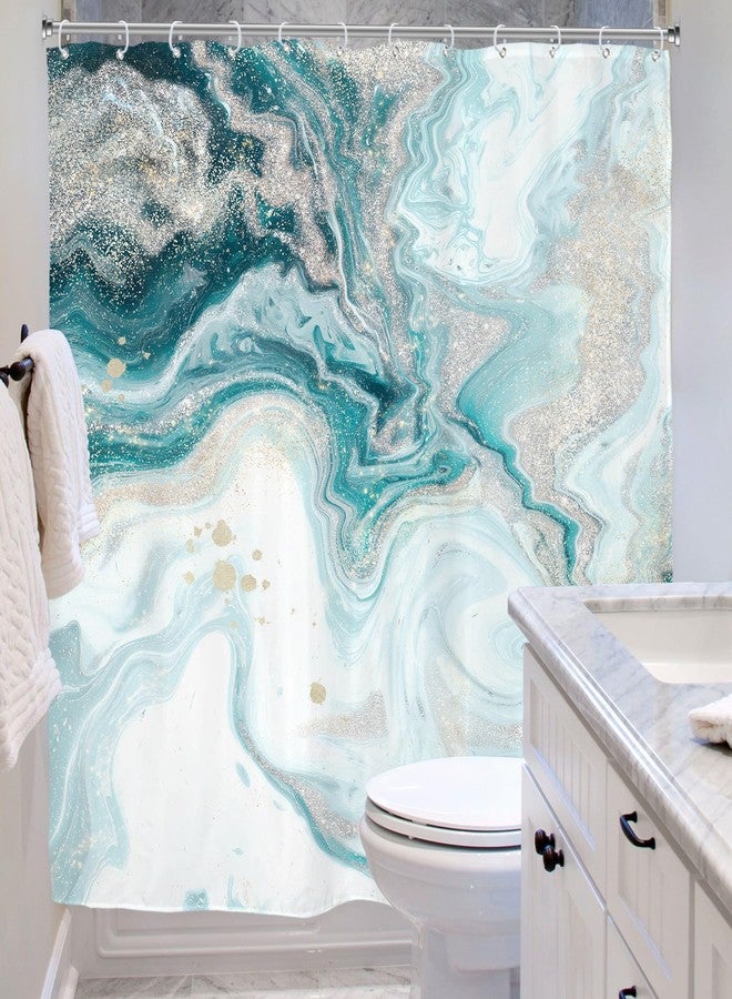 Riyidecor Teal Aqua Marble Shower Curtain Abstract Turquoise Ombre Ink Printed Luxury Texture Aesthetic Art Printed Fabric Polyester Waterproof 12 Pack Plastic Hooks for Bathroom Decor 72Wx72H - Image 3