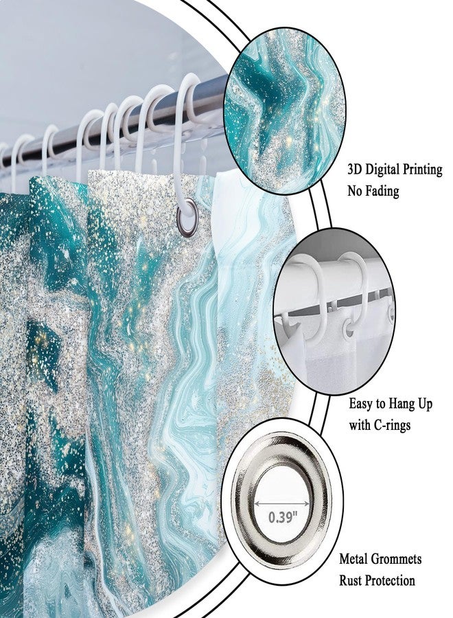 Riyidecor Teal Aqua Marble Shower Curtain Abstract Turquoise Ombre Ink Printed Luxury Texture Aesthetic Art Printed Fabric Polyester Waterproof 12 Pack Plastic Hooks for Bathroom Decor 72Wx72H - Image 5