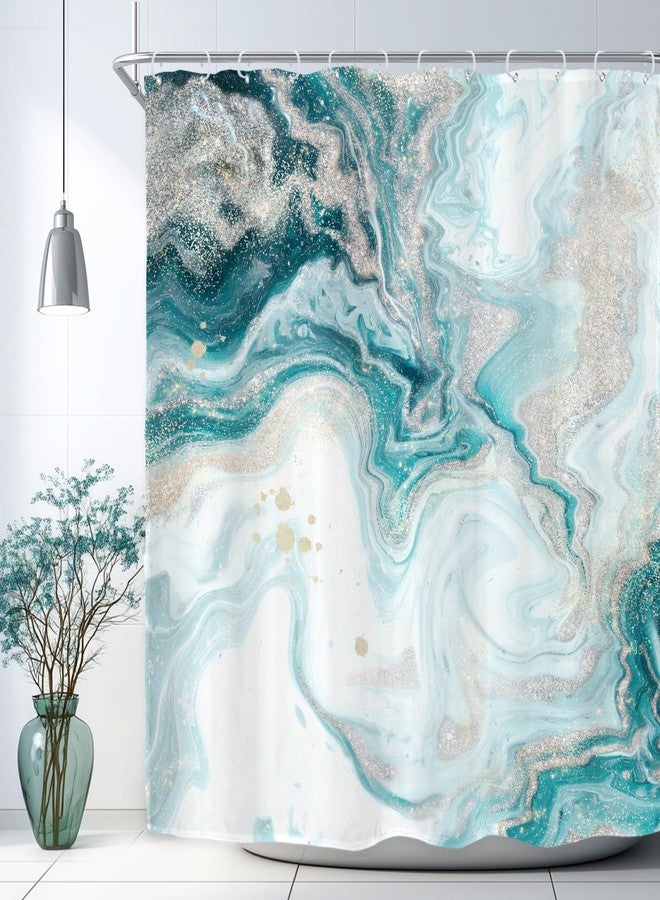 Riyidecor Teal Aqua Marble Shower Curtain Abstract Turquoise Ombre Ink Printed Luxury Texture Aesthetic Art Printed Fabric Polyester Waterproof 12 Pack Plastic Hooks for Bathroom Decor 72Wx72H - Image 1