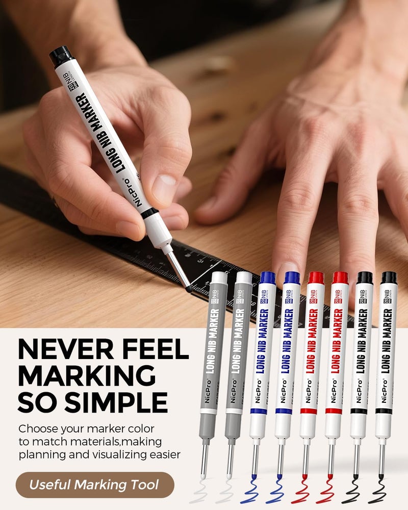 Nicpro 8 PCS Long Nib Marker Pens, 20mm Deep Hole Marker, Quick Dry & Waterproof Construction Markers, Long Head Markers for Metal, Steel, Tile, Glass, Carpenter Marking Pen for Woodworking (4 Colors) - Image 3