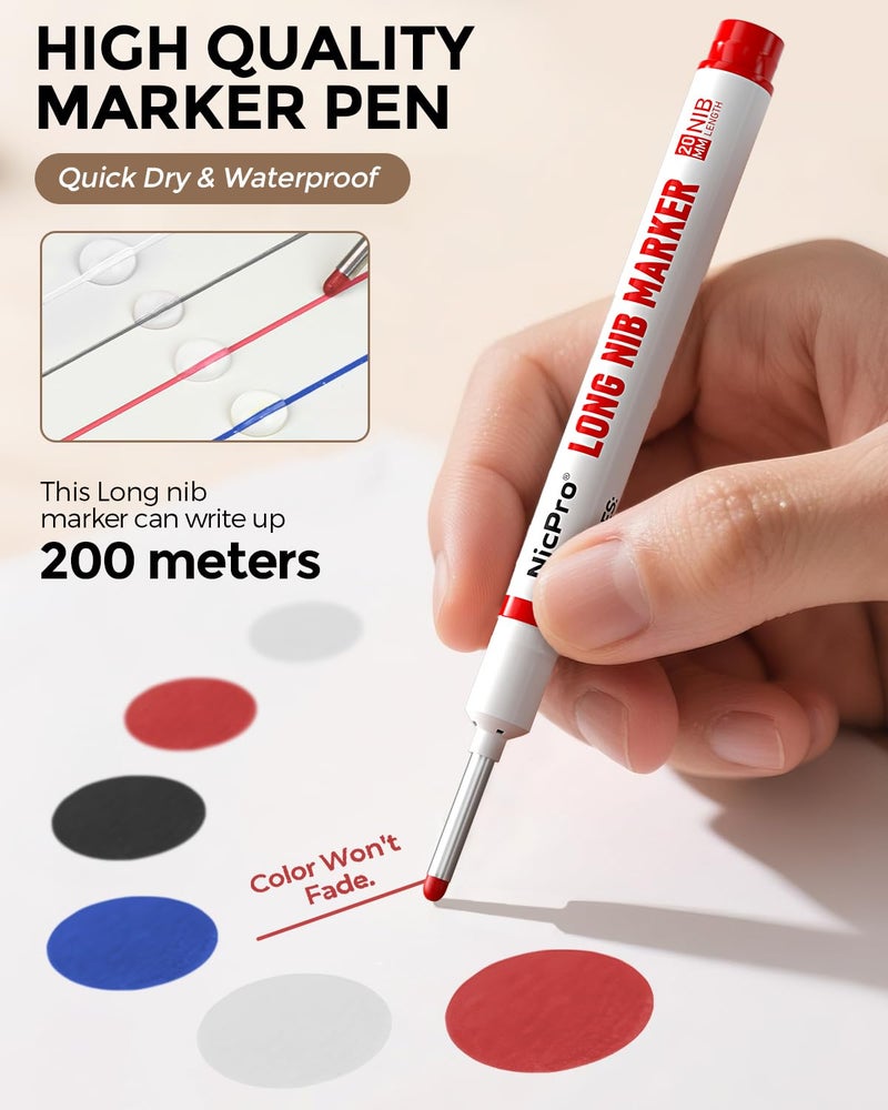 Nicpro 8 PCS Long Nib Marker Pens, 20mm Deep Hole Marker, Quick Dry & Waterproof Construction Markers, Long Head Markers for Metal, Steel, Tile, Glass, Carpenter Marking Pen for Woodworking (4 Colors) - Image 4