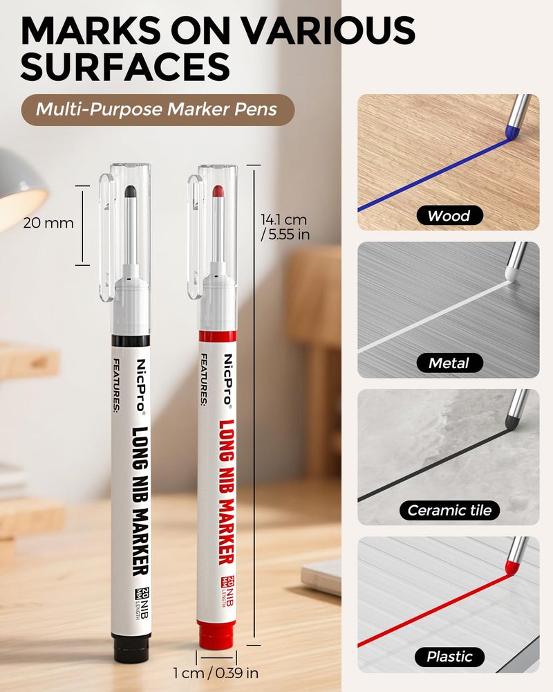 Nicpro 8 PCS Long Nib Marker Pens, 20mm Deep Hole Marker, Quick Dry & Waterproof Construction Markers, Long Head Markers for Metal, Steel, Tile, Glass, Carpenter Marking Pen for Woodworking (4 Colors) - Image 2