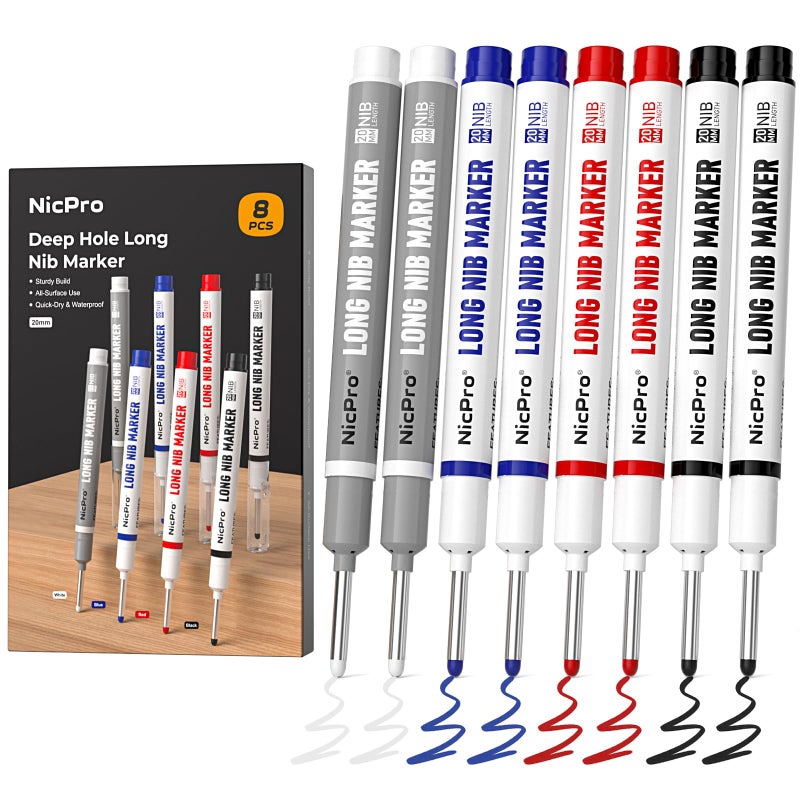 Nicpro 8 PCS Long Nib Marker Pens, 20mm Deep Hole Marker, Quick Dry & Waterproof Construction Markers, Long Head Markers for Metal, Steel, Tile, Glass, Carpenter Marking Pen for Woodworking (4 Colors) - Image 1