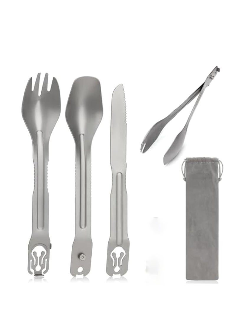 Zikra Portable Travel Silverware Set, 5-in-1 Camping Utensils, Detachable Cutlery, Stainless Steel Flatware Multitool Set, Tongs Fork Spoon Knife, Reusable Travel Cutlery Set for Backpacking Hiking Picnics - Image 1