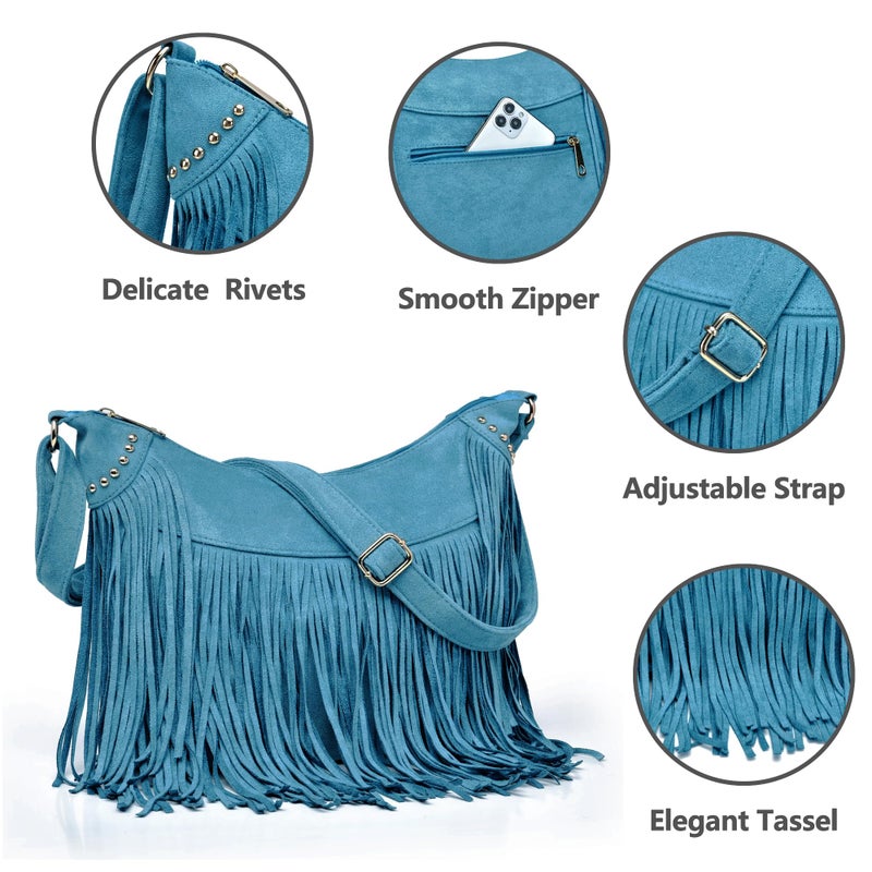 Dora & Liz Fringe Hobo Bags for Women Vintage Suede Crossbody Bag Hippie Western Cowgirl Purses Tassel Shoulder Bag - Image 5
