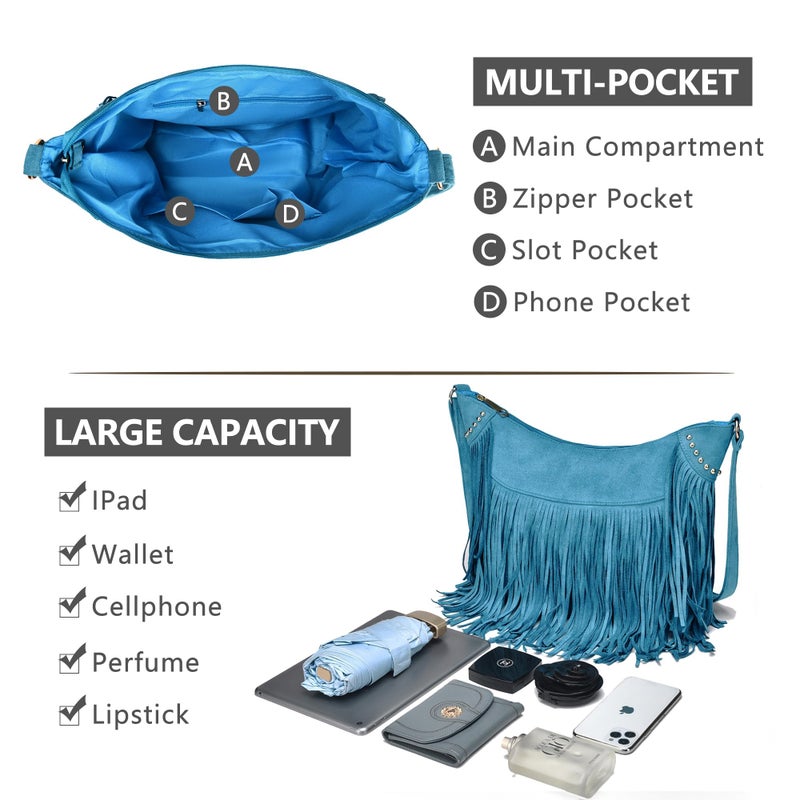 Dora & Liz Fringe Hobo Bags for Women Vintage Suede Crossbody Bag Hippie Western Cowgirl Purses Tassel Shoulder Bag - Image 3
