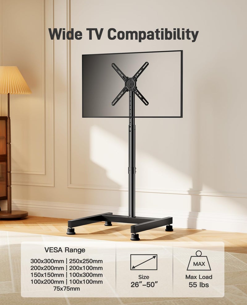 Perlegear Floor TV Stand with Mount for 26-50 inch TVs up to 55 lbs, TV Floor Stand with Rotation, Tilt, Level, Height Adjustable TV Stand for Bedroom/Living Room, Max VESA 300x300mm, PGFS12 - Image 2