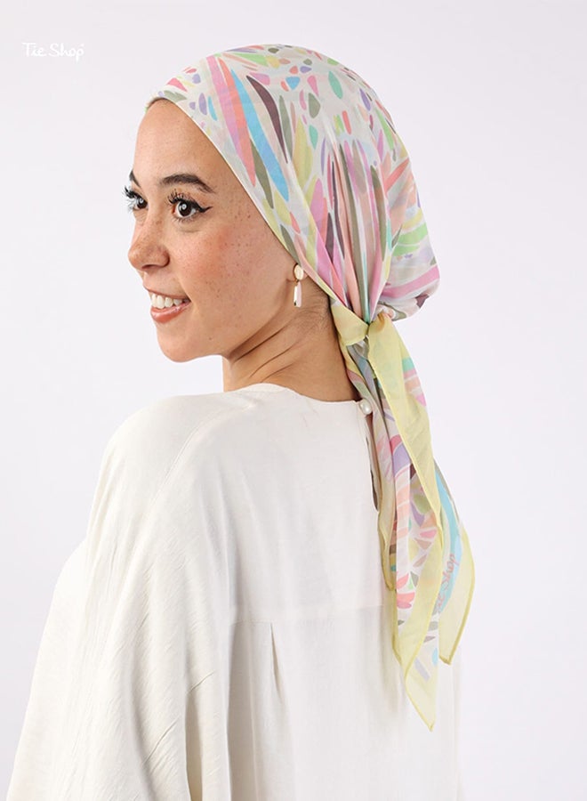 Tie Shop - Square Printed Crepe Chiffon Scarf - Off White \ Pink \ Green For Women