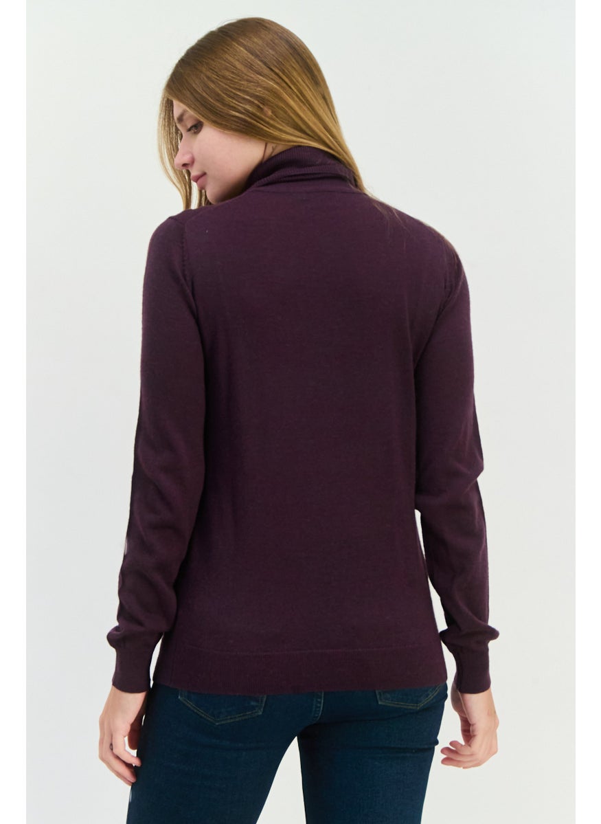 Sorbino - Women High Neck Plain Long Sleeves Sweatshirt, Purple - Image 1
