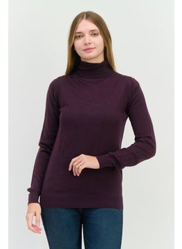Women High Neck Plain Long Sleeves Sweatshirt, Purple