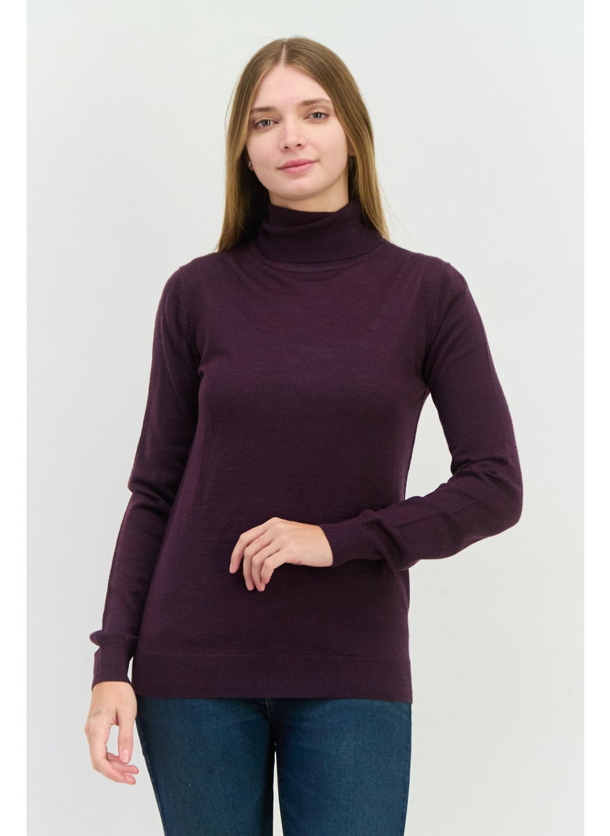 Sorbino - Women High Neck Plain Long Sleeves Sweatshirt, Purple - Image 1