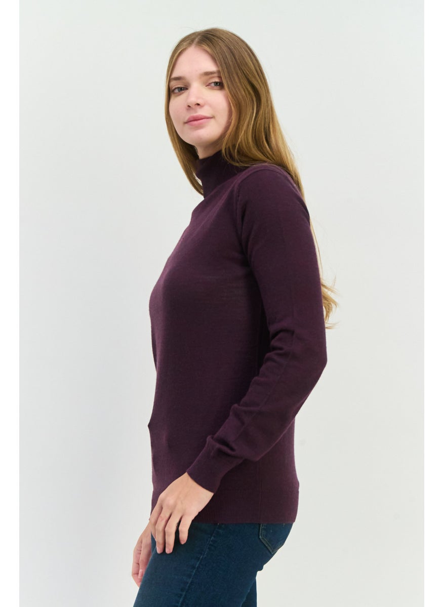 Sorbino - Women High Neck Plain Long Sleeves Sweatshirt, Purple - Image 1
