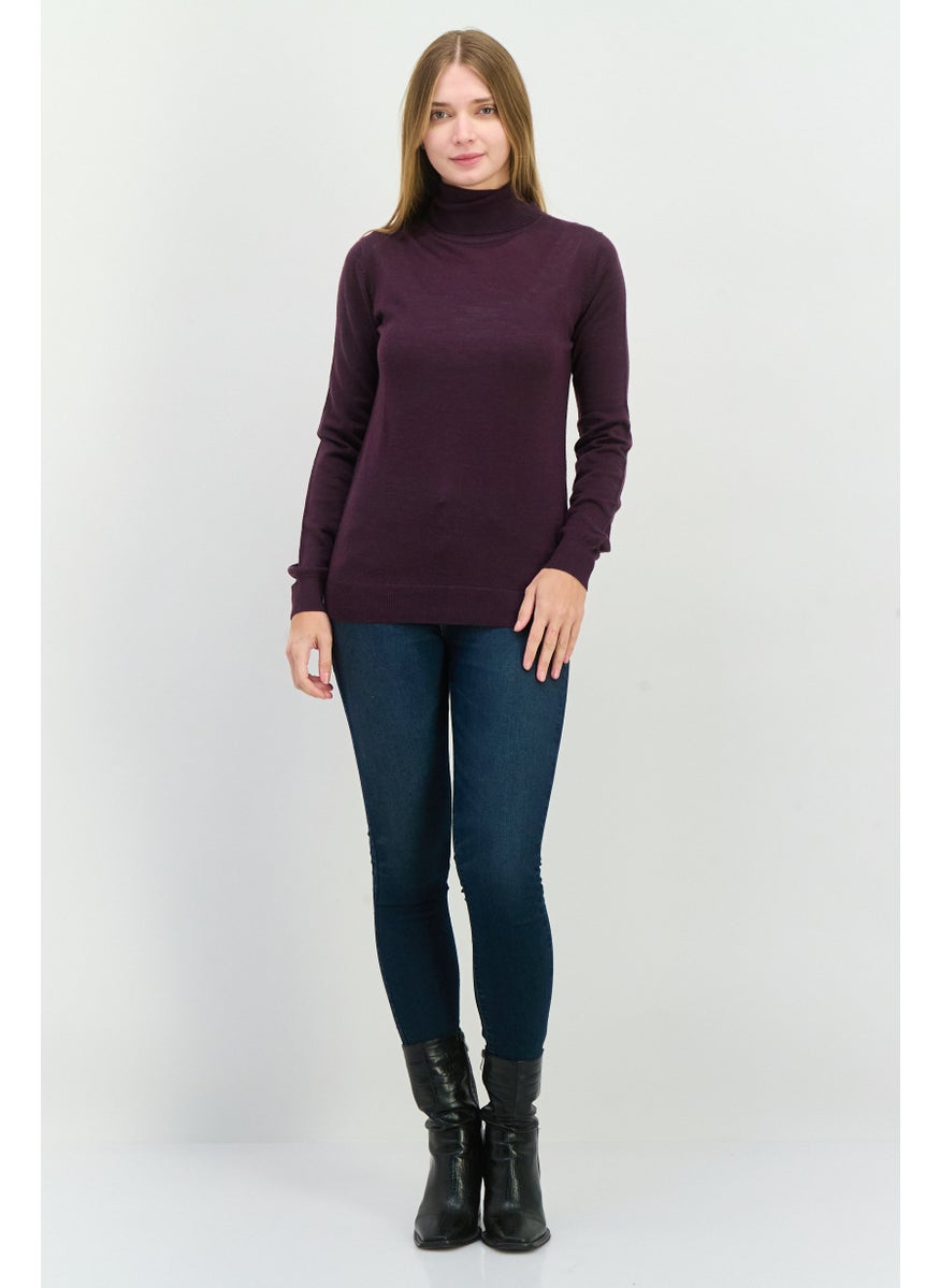 Sorbino - Women High Neck Plain Long Sleeves Sweatshirt, Purple - Image 1