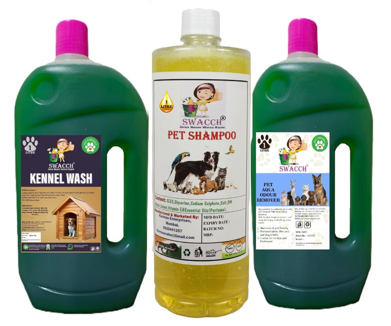 swacch Kennel Wash (Mogra) + Pet Shampoo (Lemon) I Pet Aqua Odour Remover (Jasmine) 1 Litre Combo Pack of 3 Economical Pack I Dog and Cat Friendly - Image 1