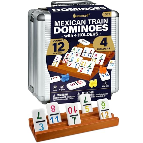 Queensell Mexican Train Dominoes Set with Numbers and 4 Holders Wooden Hub and Domino Holders Double 12 with Numbers D12 Numbers 4 Holders - Image 1