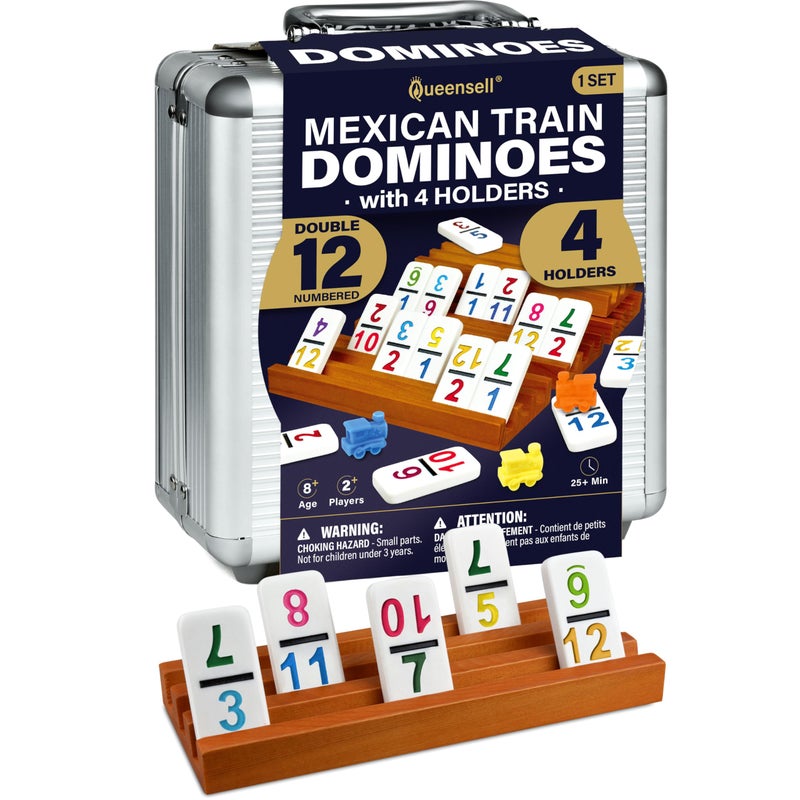Queensell Mexican Train Dominoes Set with Numbers and 4 Holders Wooden Hub and Domino Holders Double 12 with Numbers D12 Numbers 4 Holders - Image 2