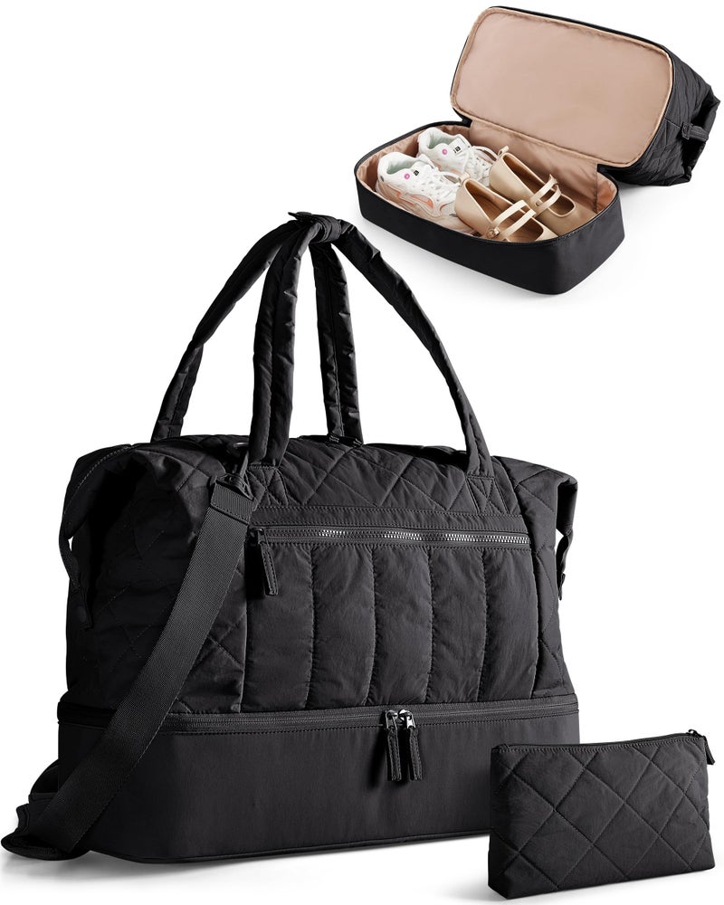 Smasrob Quilted Duffle Bag with Shoe Compartment and Wet Pocket, Weekender Duffel Bag With Laptop Sleeve and a Separate Pouch for Travel, Gym, Hospital Labor Delivery, Black - Image 1
