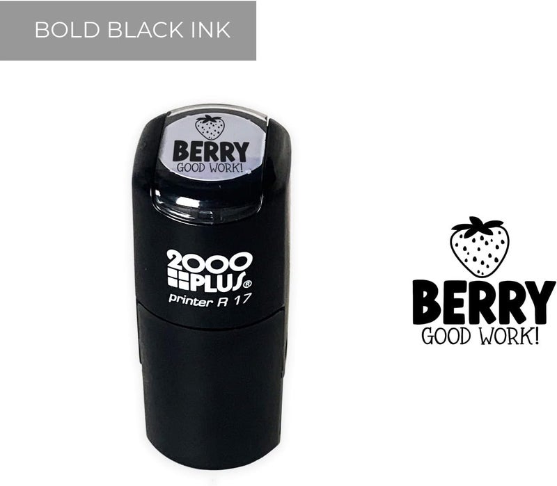 SBlabels Berry Good Work Stamp / 2000 Plus Self Inking Teacher Strawberry Fruit Food Themed Stamper / 9/16" Round Small Black Imprint Planner Worksheet School Homework Classroom Stamp - Image 1