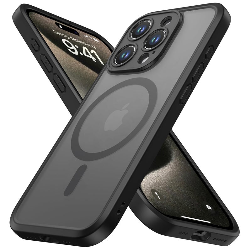 ImpactStrong Magnetic Guard Designed for iPhone 15 Pro Max Case [Camera Protection] [Military Grade Drop Tested] [Compatible with MagSafe] Slim Translucent Matte Phone Case (6.7") - Black - Image 1