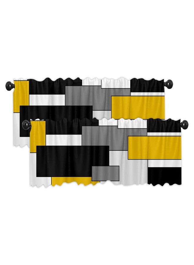 Fanghui 2 Pack Valances White Yellow and Black Grey Geometry Abstract Window Treatment Valances Modern Art Cafe Living Room Kitchen Short Curtain Rod Pocket 54x18 in - Image 1