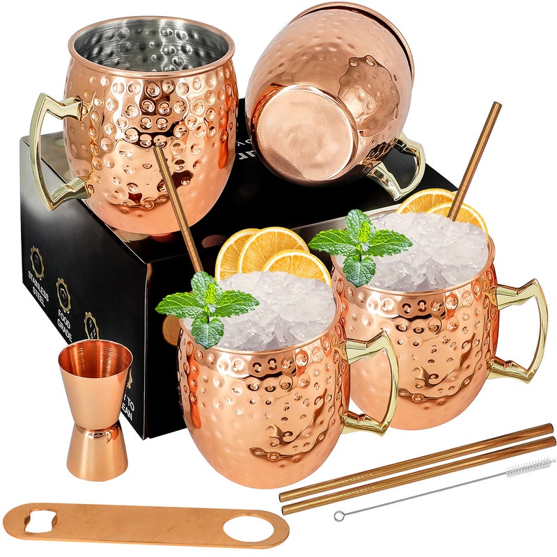 Moscow Mule Copper Mug Set of 4 Copper Moscow Mule Mugs 18oz Plated Stainless Steel Cups with 105oz Jigger for Cocktails Cold Drinks Barware