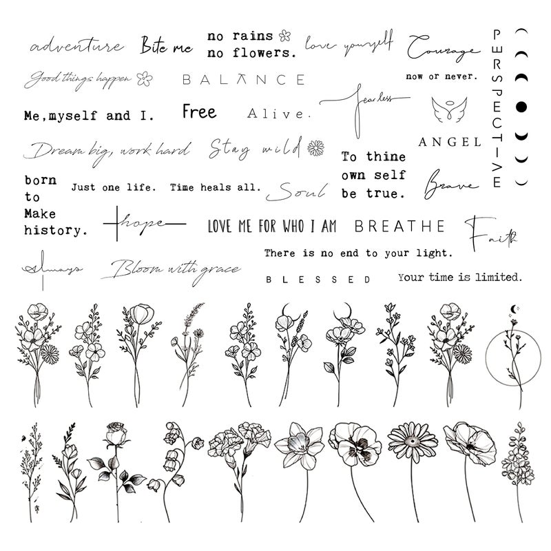 DIVAWOO Realistic Temporary Tattoo 60 Sheets Tiny Fake Tattoos 40 Pcs Inspirational Words Tattoo 20 Pcs Wild Flower Floral Bouquet Stickers for Adult Women Face Body Hand