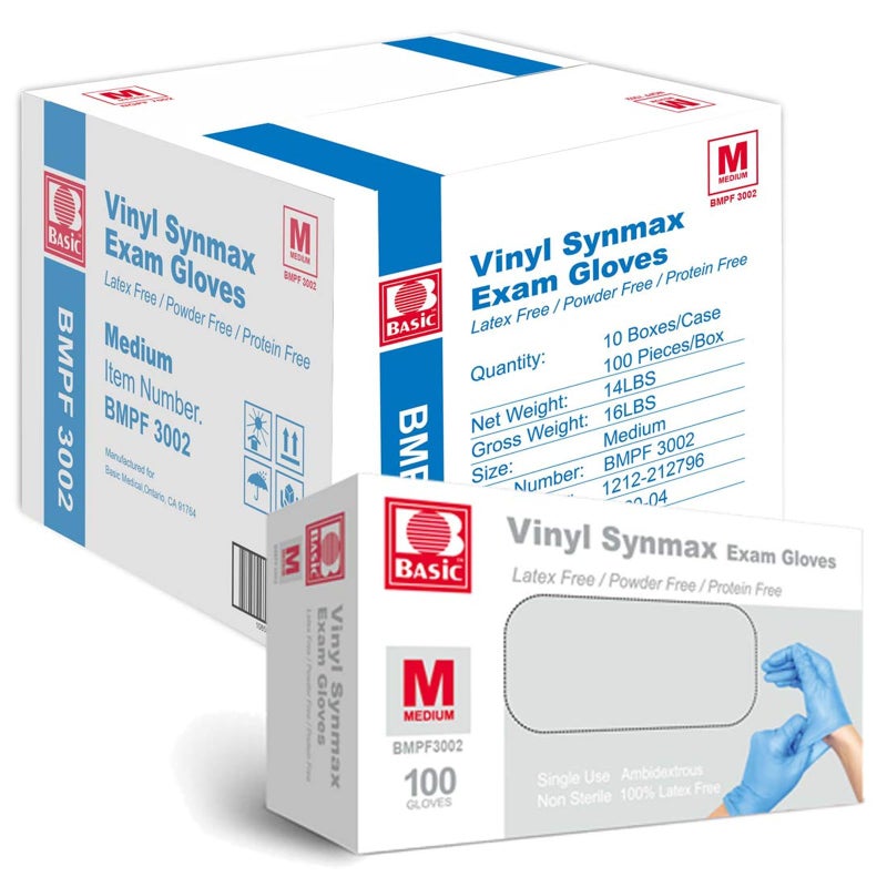 INTCO Basic Medical Synmax Vinyl Exam Gloves - Latex-Free & Powder-Free - Medium, BMPF-3002(Case of 1,000) Blue - Image 1