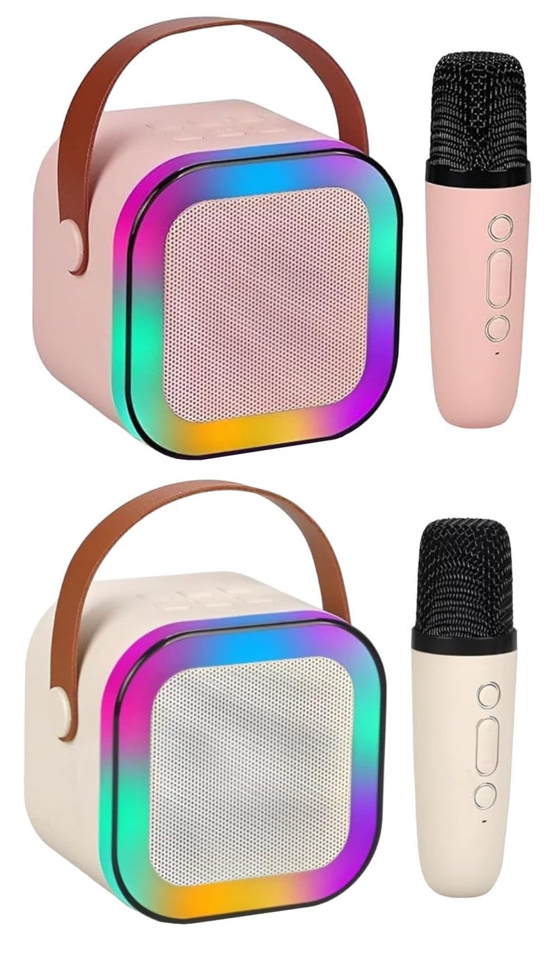 Magicwand K12【Pack of 2 Speakers】【Pink & Biege 1 Mic】 USB-C-Charging Kids Karaoke Microphone Wireless Bluetooth Speaker with RGB LED Lighting for Kids - Image 1