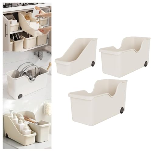 Soko Multipurpose Plastic Storage Basket with Wheels | Under Sink Organizer Rack for Kitchen, Bathroom, Countertops | Portable Rolling Organiser for Toiletries, Utensils | Set of 3 Sizes - Image 1