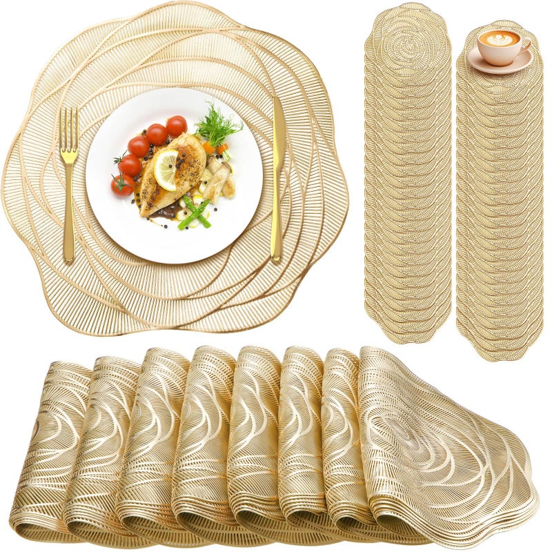 Sieral Sieral 48 Set 15 Inch Round Pressed Vinyl Placemats Hollow Out Rose Placemat Set Metallic Slip Resistant Place Mat Coaster Including Place Mats and Coasters for Wedding Dining Kitchen Gold 