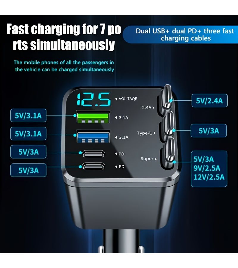 7 In 1 Car Fast Charger With 3 Retractable Cables LED Display Type C - Image 2