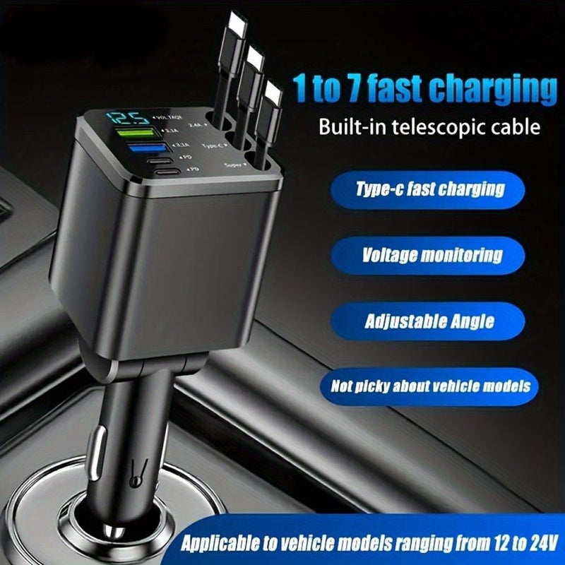 7 In 1 Car Fast Charger With 3 Retractable Cables LED Display Type C - Image 5
