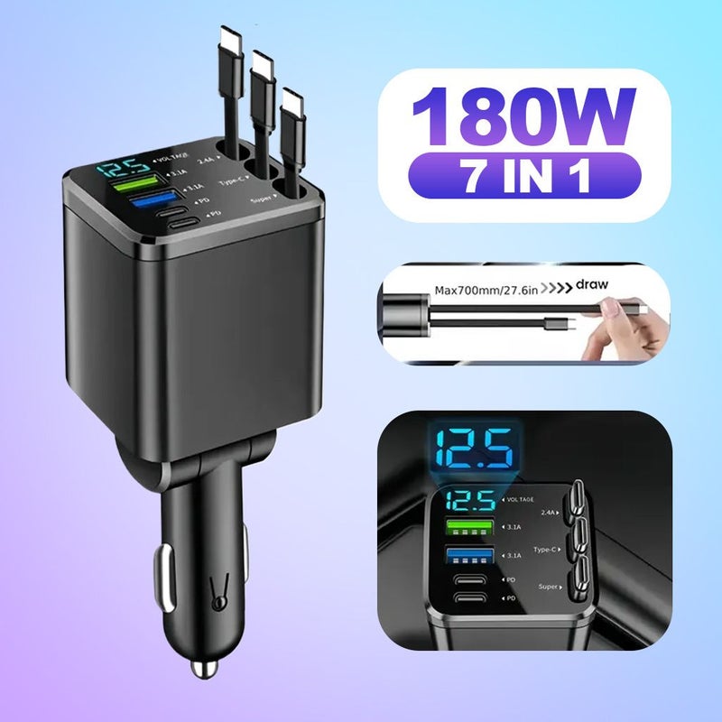 7 In 1 Car Fast Charger With 3 Retractable Cables LED Display Type C - Image 1