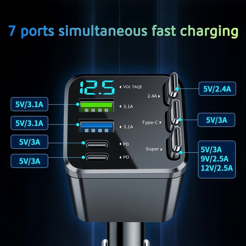 7 In 1 Car Fast Charger With 3 Retractable Cables LED Display Type C - Image 4