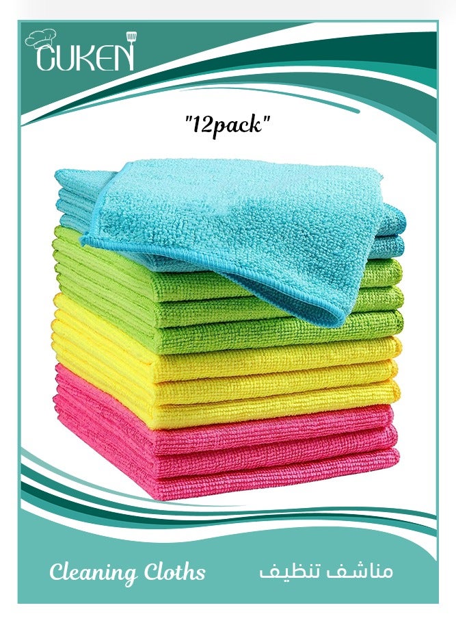 Cuken Microfiber Cleaning Cloth,12 Pack Soft Absorbent Microfiber Cloth, All Purpose Cleaning Towels with 4 Color Assorted, Reusable Microfiber Towels for Cars, House, Kitchen, Window, 12x12in - Image 1