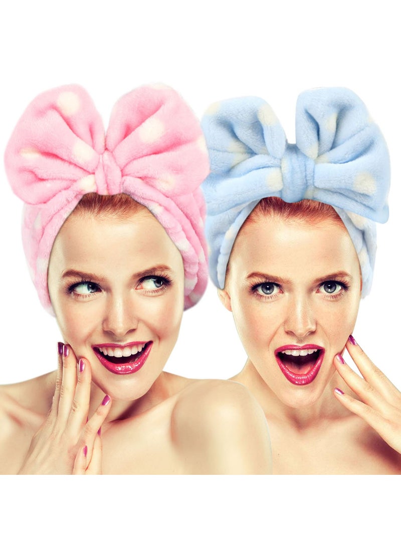 Hairizone - Hairizone Cute Makeup Headbands for Face Wash Shower Spa Elastic Head Band with Soft Big Bow Hair Band for Women Wrap (Pink/Blue) - Image 1