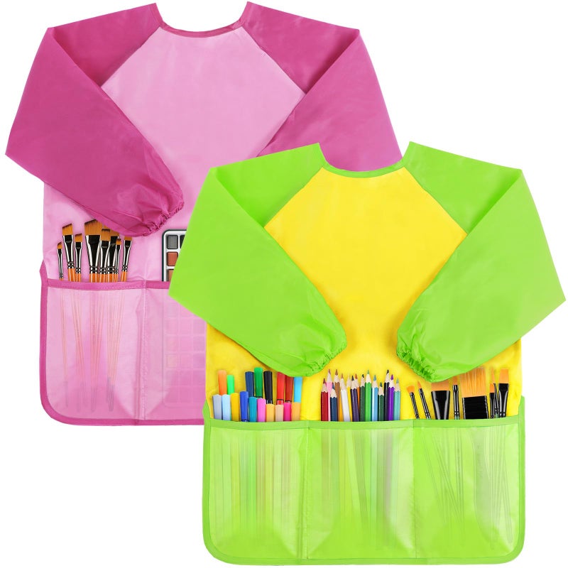 SOCOLER 2 Pack Kids Painting Apron Toddler Art Smock WaterproofChildren Artist Aprons with Long Sleeve 3 Pockets for Age 36 Years - Image 2