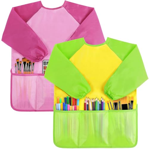 SOCOLER 2 Pack Kids Painting Apron Toddler Art Smock WaterproofChildren Artist Aprons with Long Sleeve 3 Pockets for Age 36 Years - Image 1