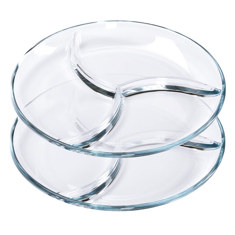 FOYO Round Tempered Glass Serving Platters/Trays - 3 Sectional -10'' Diameter, Set of 2