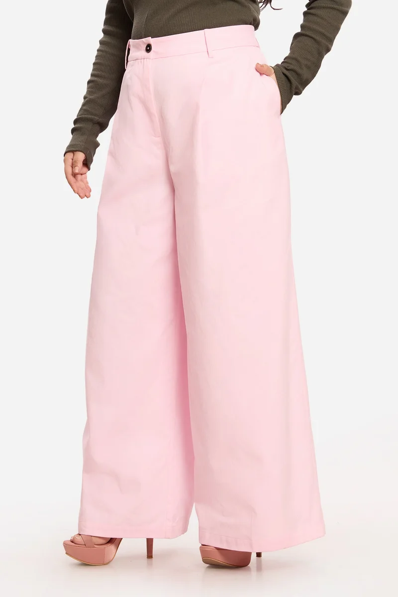 Virgio Pink Solid Cotton Wide Leg Pleated Plus Size Trousers for Women for Women | Best Price UAE