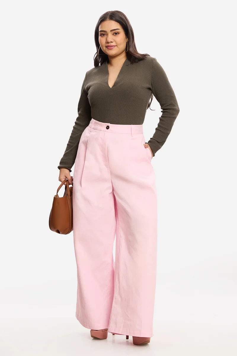 فيرجيو Solid Cotton Wide Leg Pleated Plus Size Trousers for Women