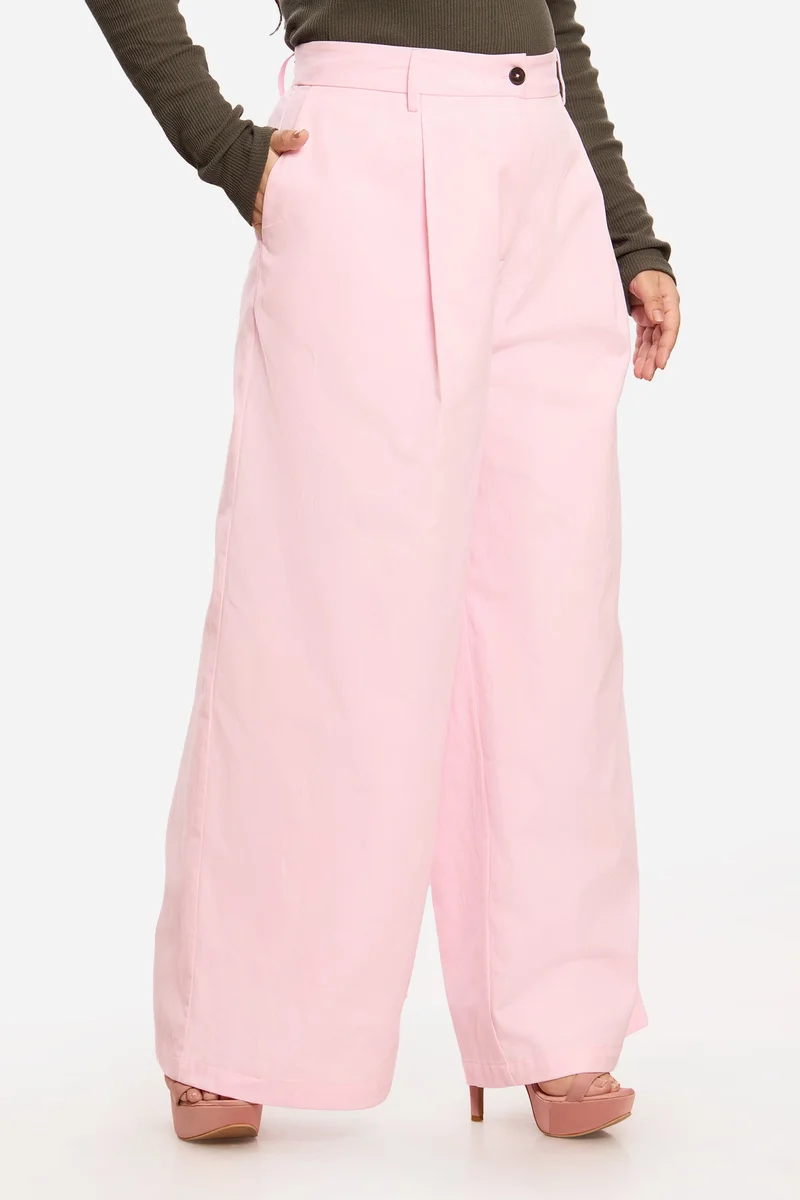 Virgio Pink Solid Cotton Wide Leg Pleated Plus Size Trousers for Women for Women | Best Price UAE