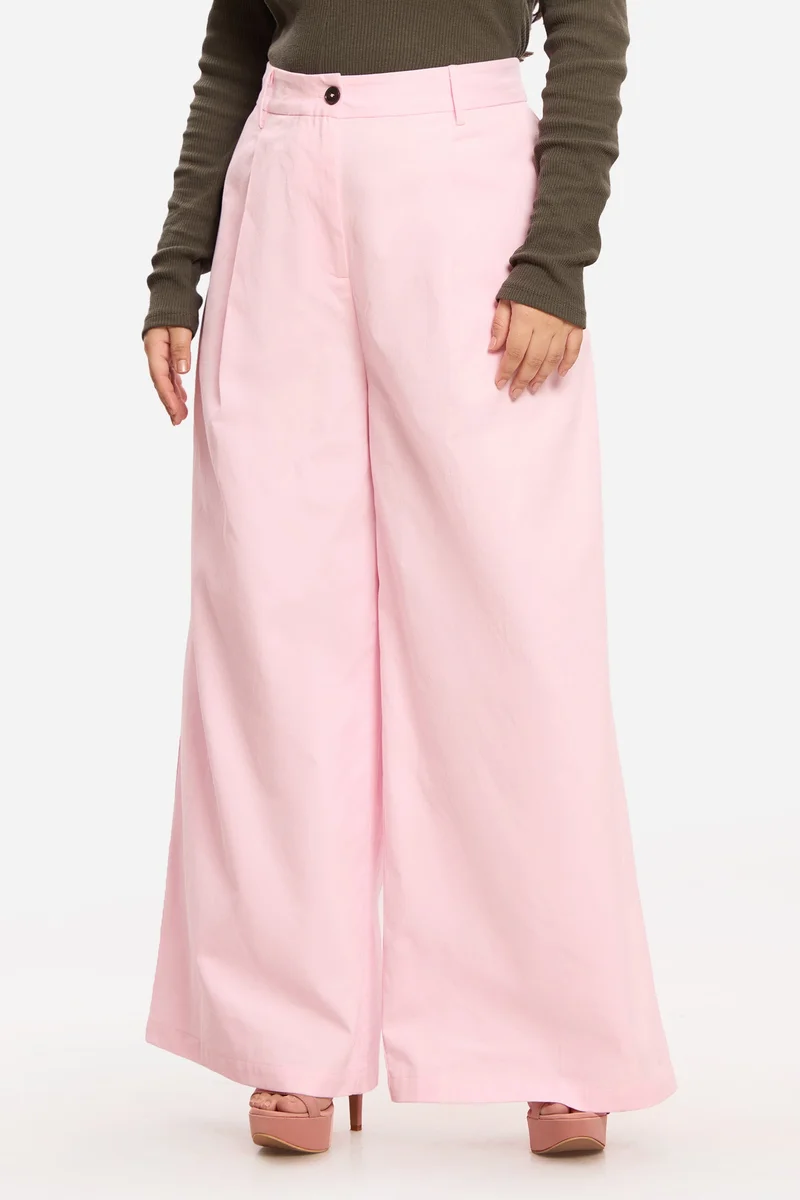 فيرجيو Solid Cotton Wide Leg Pleated Plus Size Trousers for Women