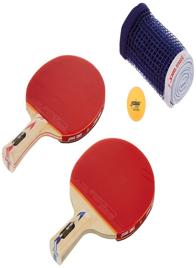 دي إتش أس مضرب تنس خشبي DHS طراز S-S4F2 مع كرة تنس 40 مم، نجمة واحدة، برتقالي (علبة 120 قطعة) (أسود/أزرق) TT NET409 - Image 1