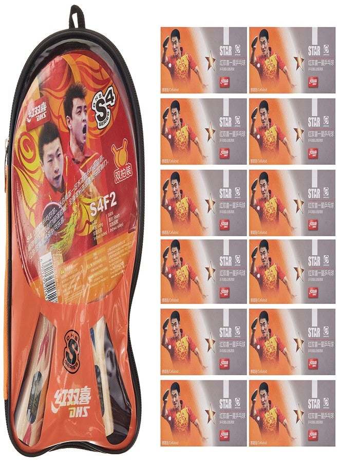 دي إتش أس مضرب تنس خشبي DHS طراز S-S4F2 مع كرة تنس 40 مم، نجمة واحدة، برتقالي (علبة 120 قطعة) (أسود/أزرق) TT NET409 - Image 3