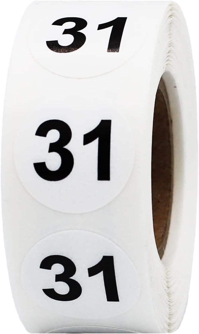 InStockLabels.com White with Black Number 31 Circle Dot Stickers, 3/4 Inch Round, 500 Labels on a Roll for Organization and Inventory - Semi-Gloss Finish - Made in The USA - Image 1
